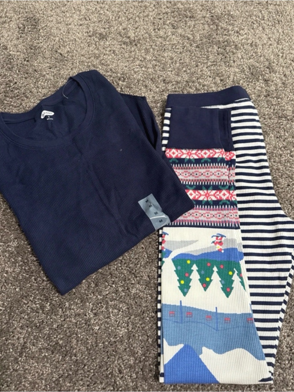 Old Navy Navy Blue Ribbed Top with Festive Patterned Pajama Bottoms